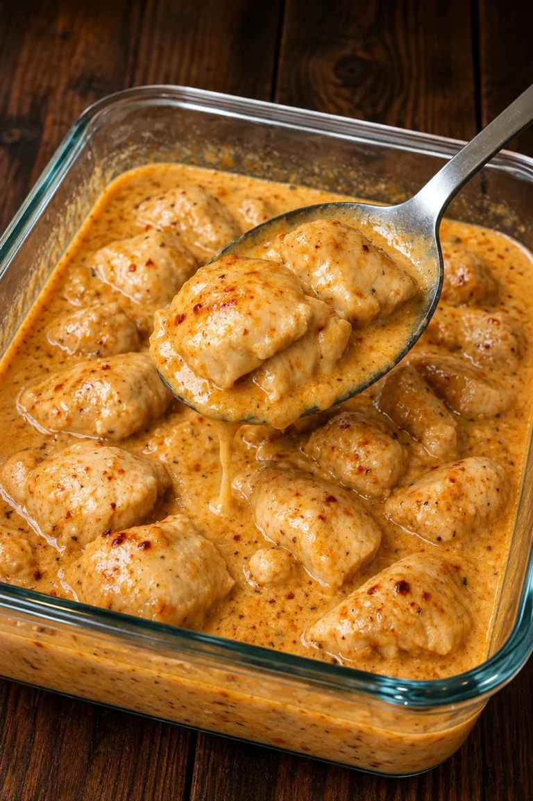 Delicious Oven Baked Chicken Gloria served on a platter with herbs.
