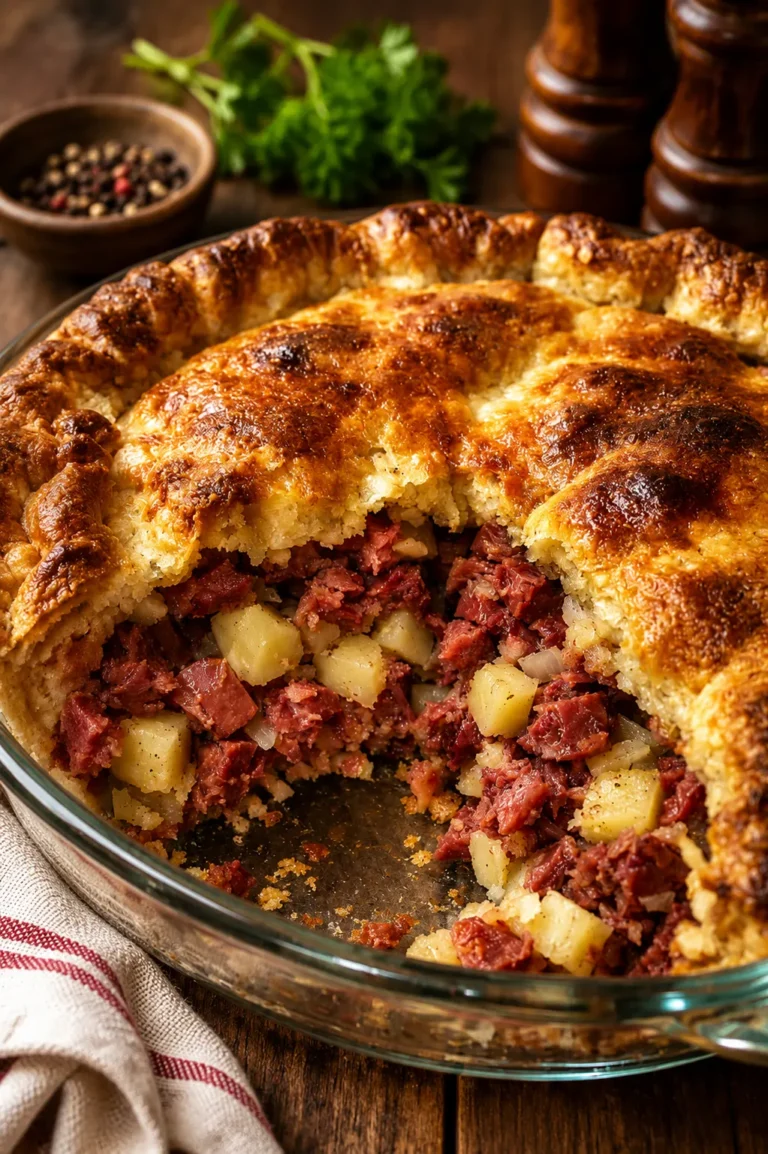 Oven Baked Corned Beef Potato Pie with diced potatoes and flaky golden crust