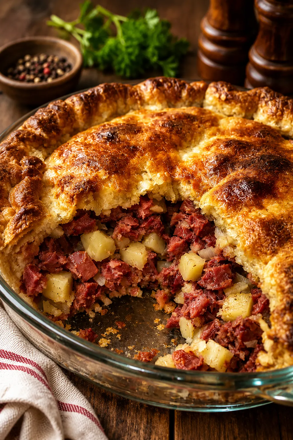 Oven Baked Corned Beef Potato Pie with diced potatoes and flaky golden crust