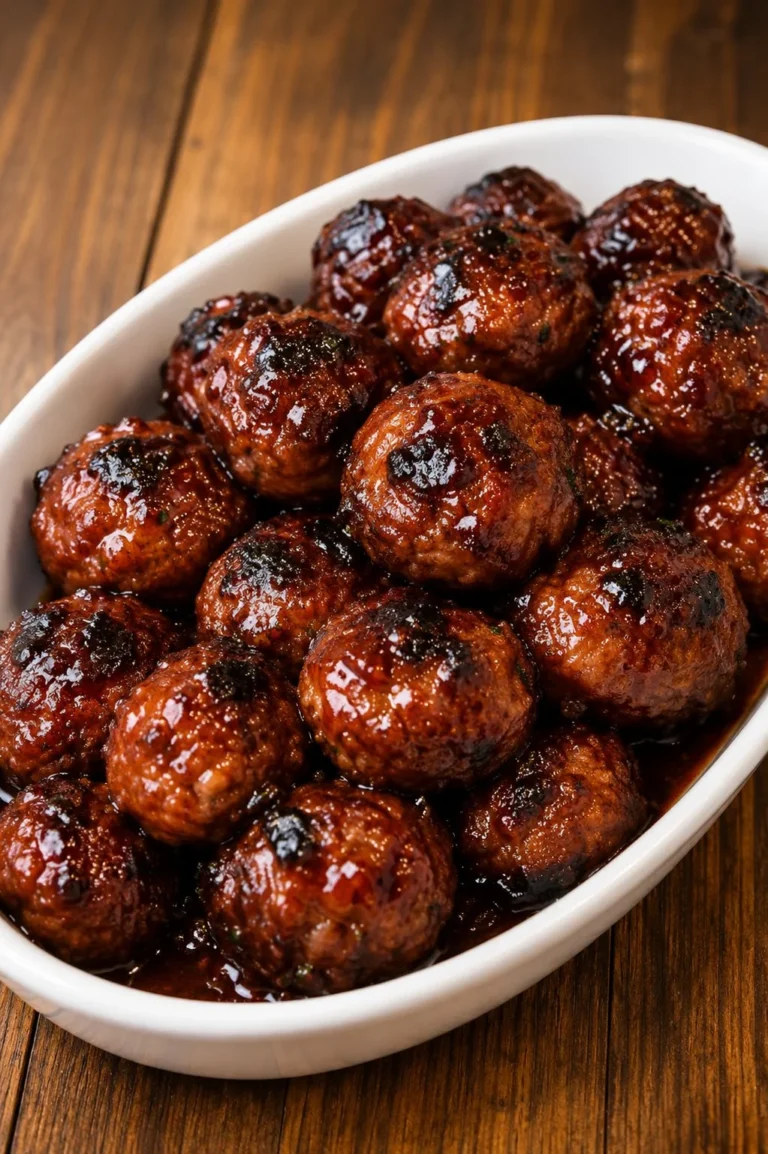 Oven baked cranberry BBQ meatballs garnished and served on a platter