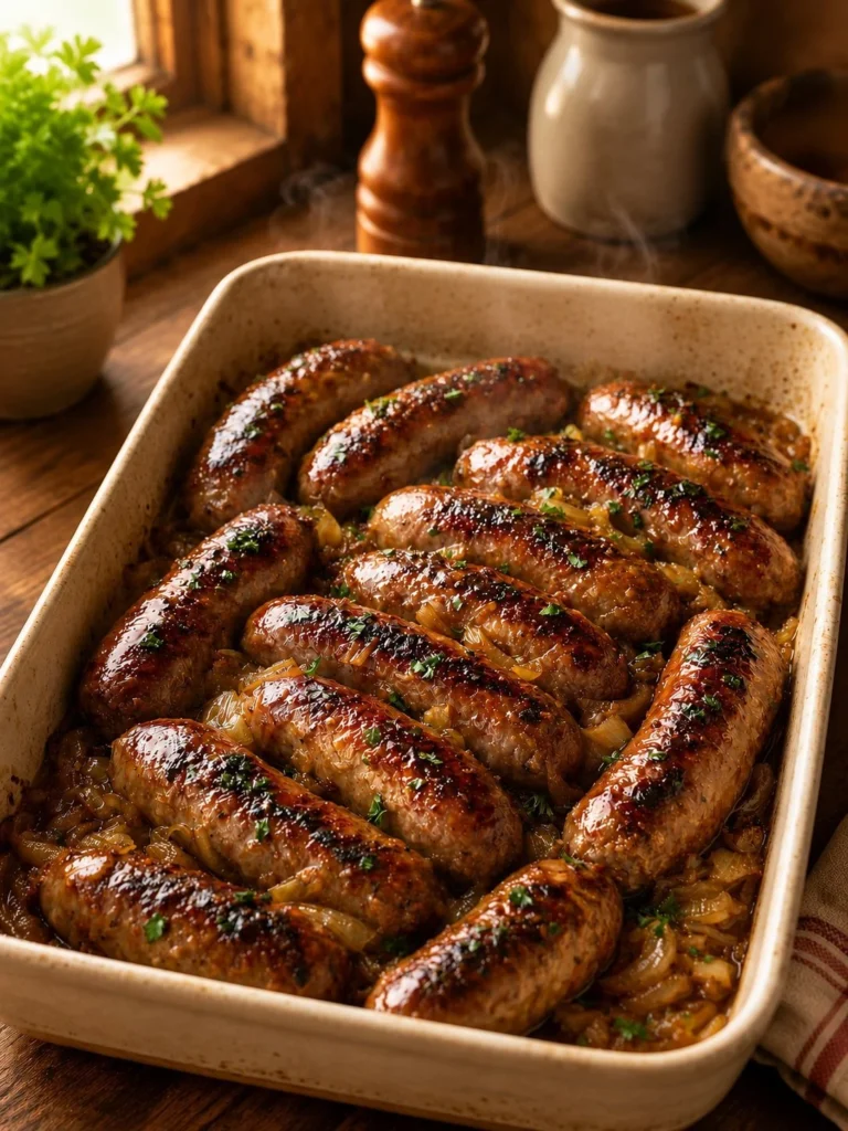Oven baked honey garlic sausages glistening with a sweet glaze