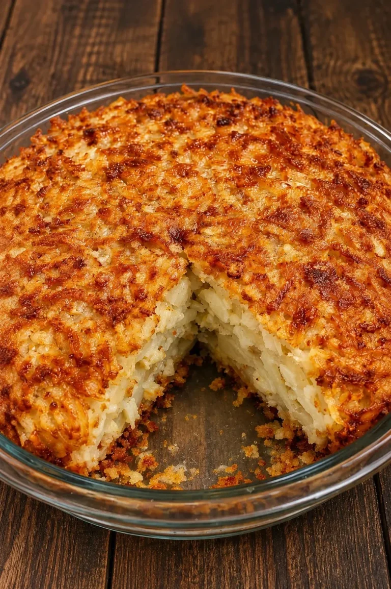 Oven baked hash brown pie served on a plate with fresh herbs and toppings