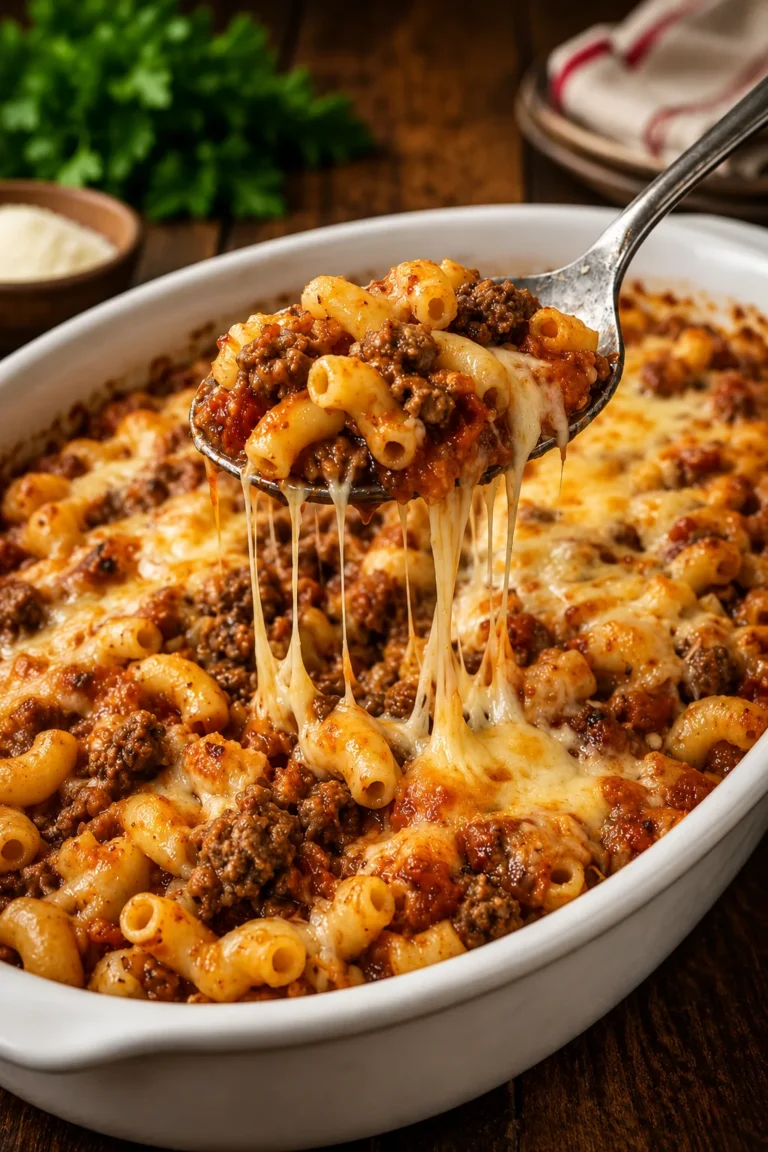 Oven Baked Johnny Marzetti casserole with ground beef, macaroni, tomato sauce, and melted cheese.