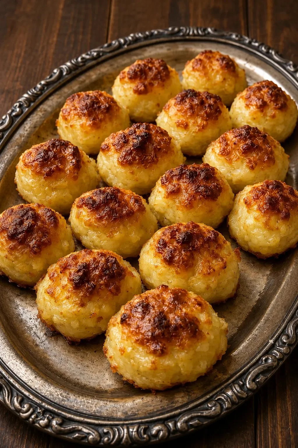 Crispy oven-baked party potato puffs on a serving platter