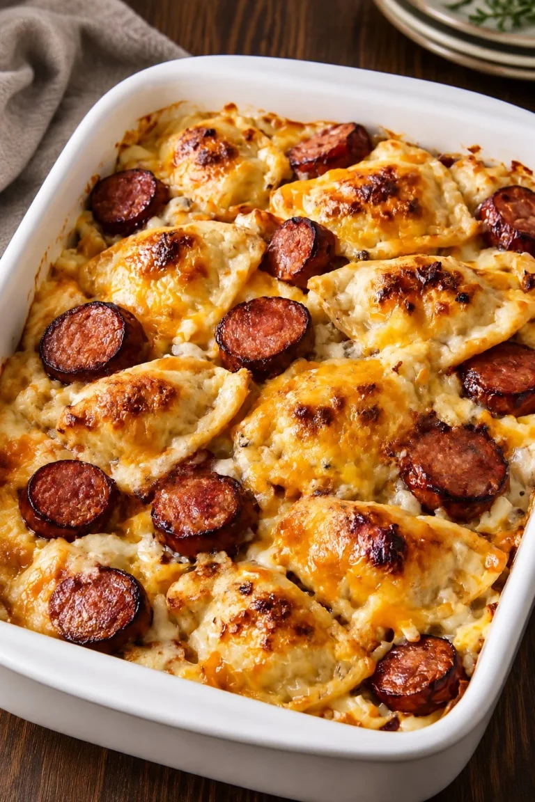 Oven-baked pierogi kielbasa casserole, a delicious comfort food dish