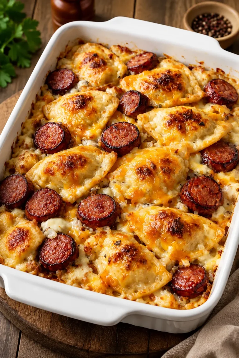 Creamy oven-baked pierogi kielbasa casserole topped with melted cheddar and mozzarella cheese.