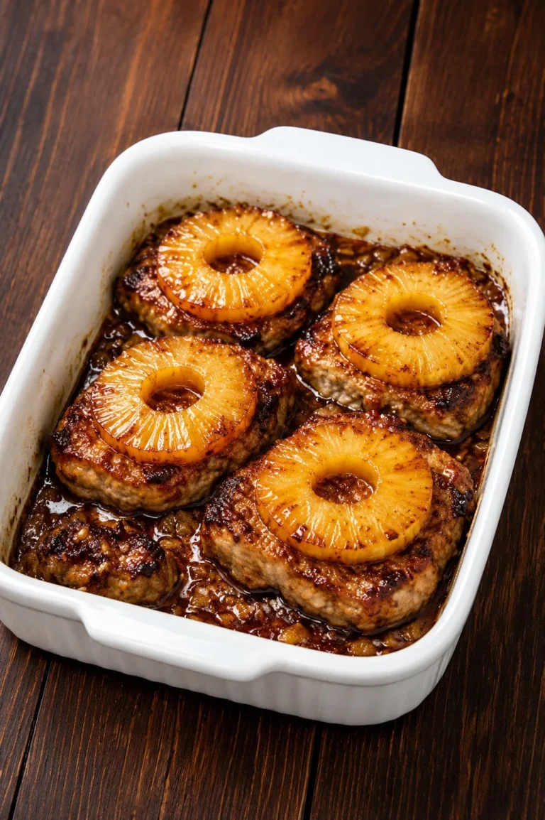 Oven baked pork chops with canned pineapple on a plate, ready to serve