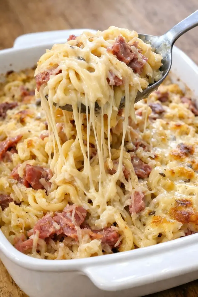 Delicious oven-baked Reuben pasta with corned beef, sauerkraut, and cheese