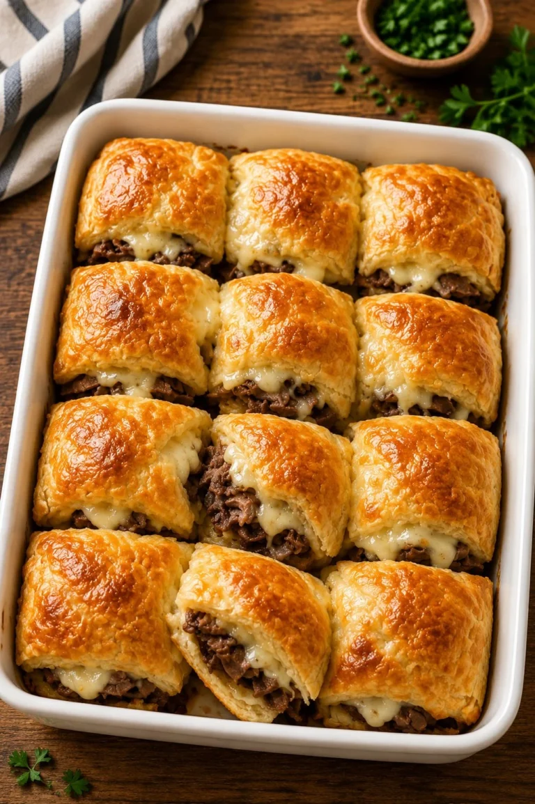 Oven-baked roast beef crescent puffs served on a platter