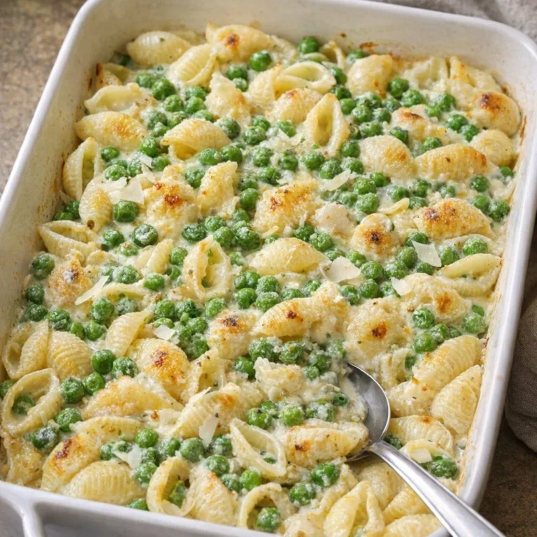 Oven-baked spring pea shell pasta dish served in a bowl