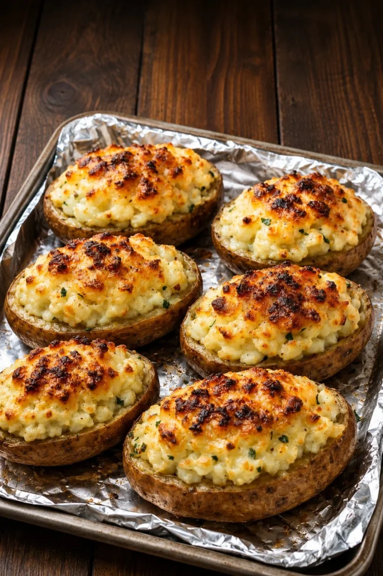 Oven baked stuffed potato boats filled with cheese and herbs on a plate.