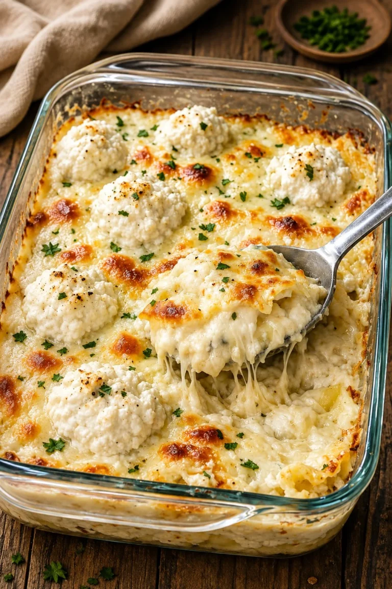 Delicious oven-baked white lasagna soup with cheese and fresh herbs