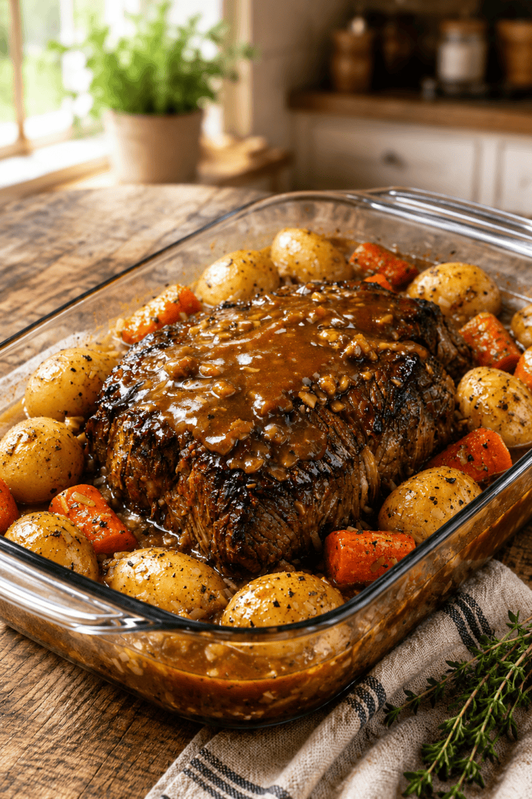 Delicious oven-baked chuck roast with herbs and vegetables