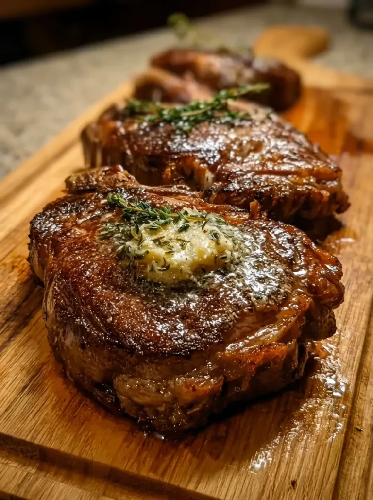 A vertical, close-up shot of three thick-cut, seared steaks resting on a rustic wooden board. The steaks have a deep, mahogany-brown crust and are topped with a melting dollop of herb-infused garlic butter and fresh thyme sprigs. The juices are glistening on the surface of the meat, and the background shows more steaks in soft focus.