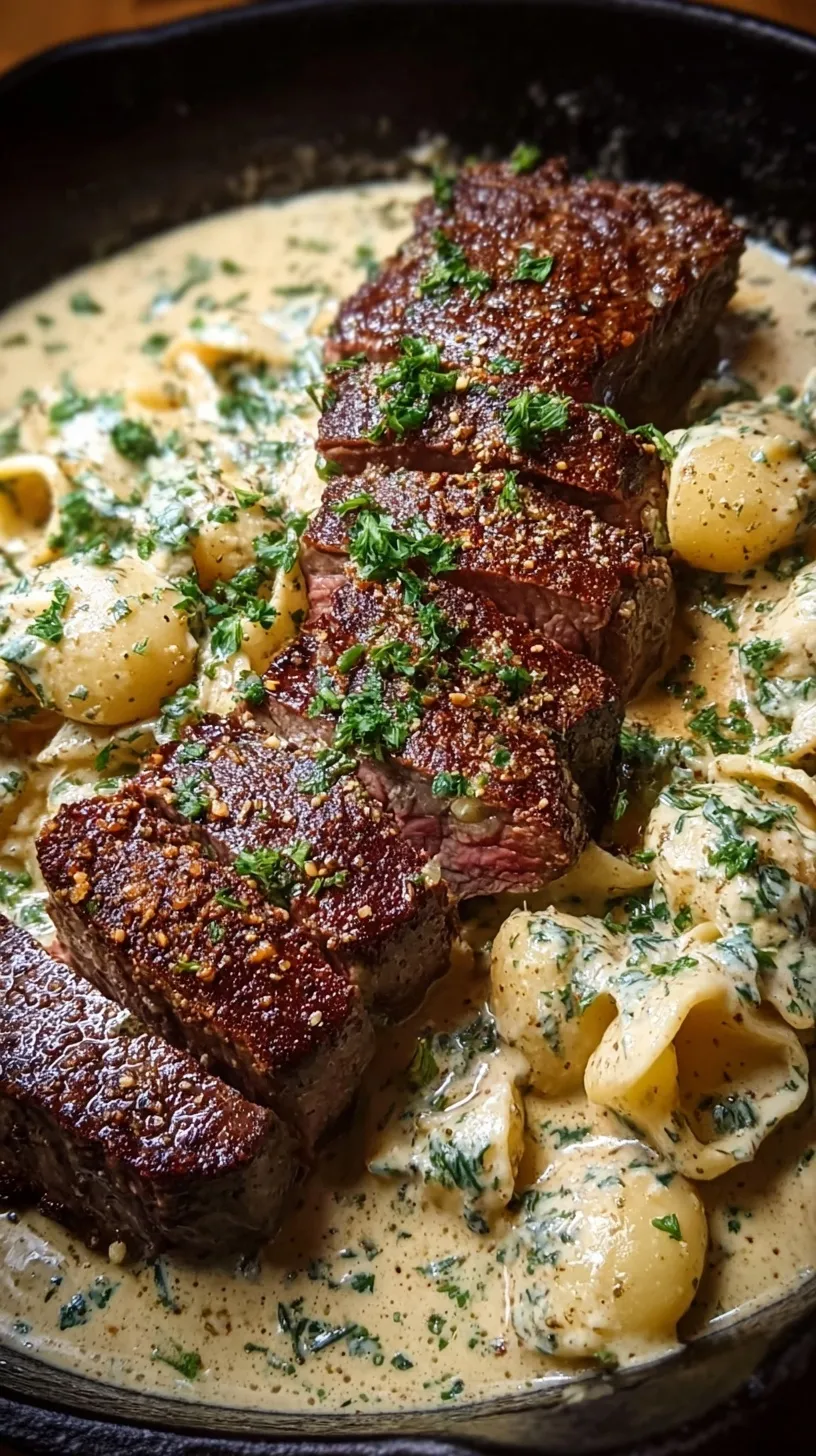 Pan-seared steak resting in a creamy white garlic and parmesan sauce in a cast iron skillet.