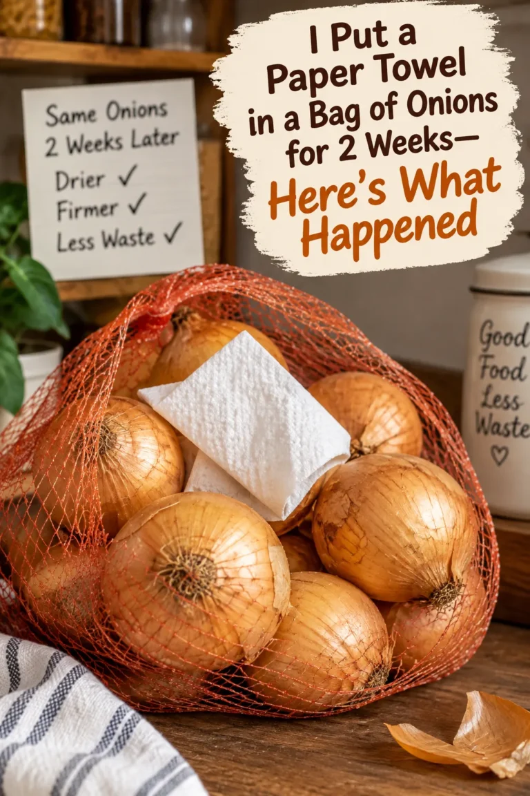 Paper towel in a bag of yellow onions after 2 weeks of pantry storage
