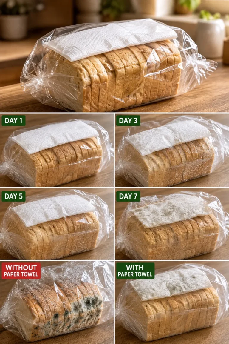 **ALT Text:** Loaf of sliced sandwich bread inside a plastic bag with a clean paper towel placed loosely on top