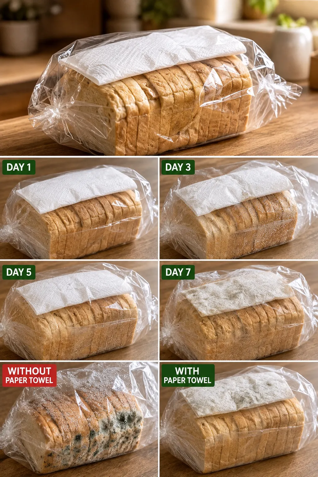 **ALT Text:** Loaf of sliced sandwich bread inside a plastic bag with a clean paper towel placed loosely on top