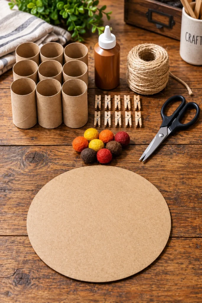 Rustic fall paper towel roll wreath made with folded cardboard rings and twine