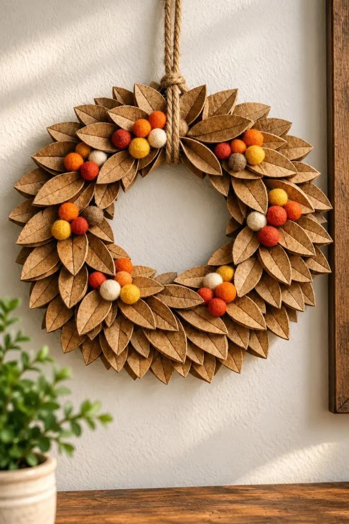 Rustic fall paper towel roll wreath made with folded cardboard rings and twine