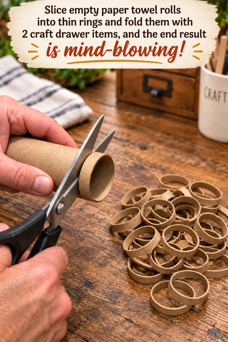 Rustic fall paper towel roll wreath made with folded cardboard rings and twine