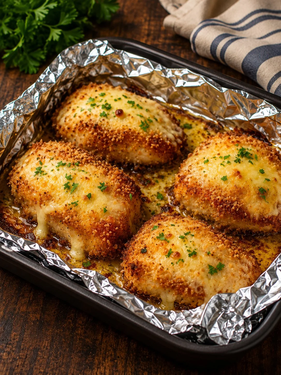 Delicious Parmesan Baked Pork Chops served on a plate with herbs