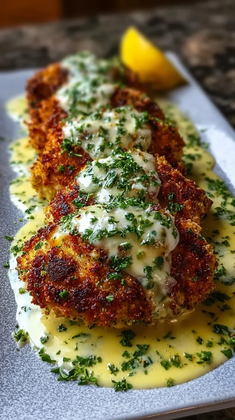 Golden brown Parmesan crusted chicken breast topped with creamy garlic sauce and parsley.
