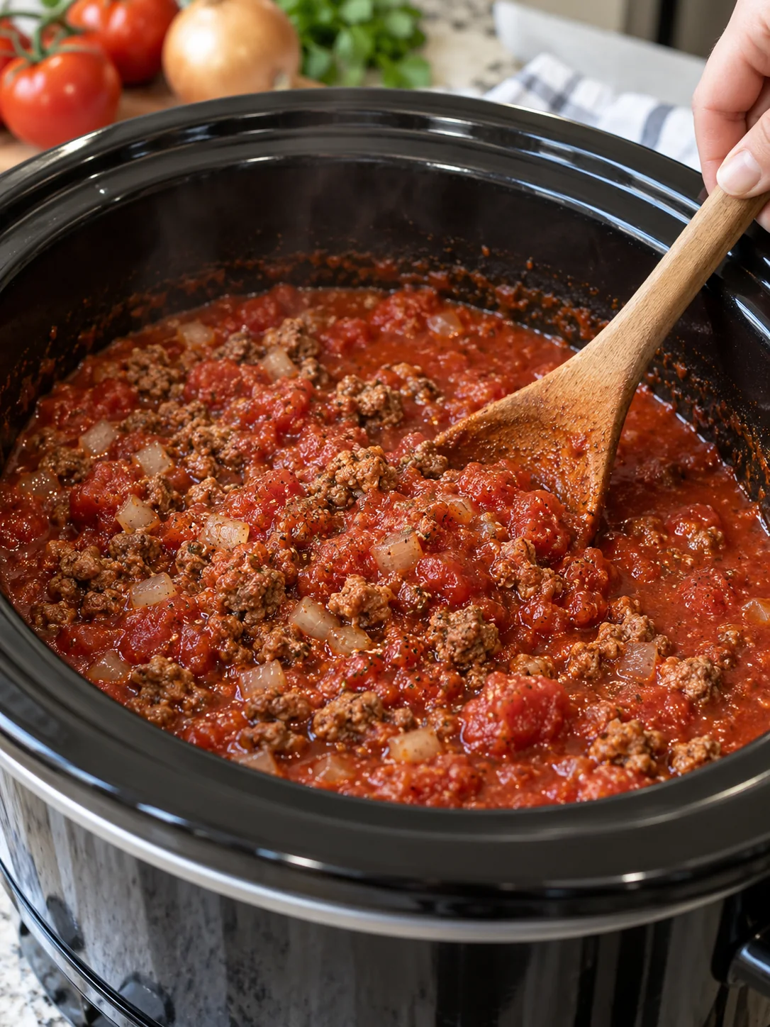 Ground beef and onion simmering in tomato sauce in a slow cooker