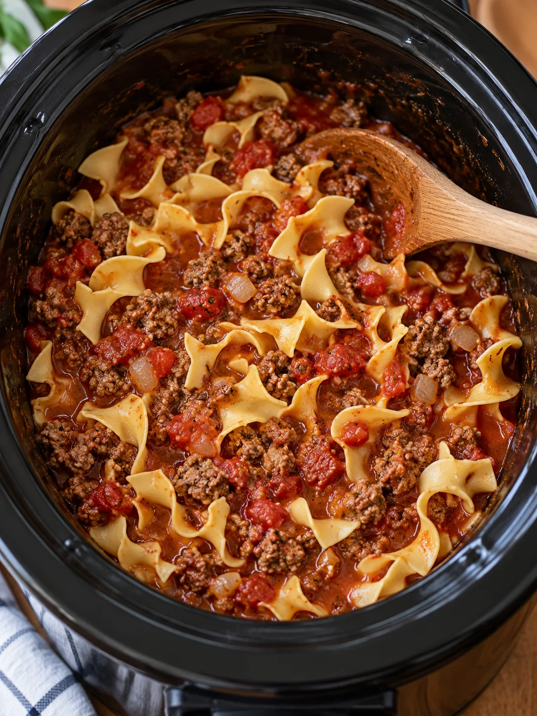 Egg noodles being stirred into beef and tomato sauce in the slow cooker
