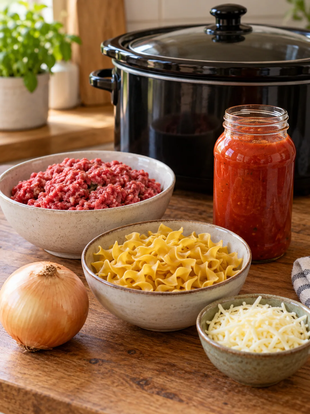 Five ingredients for slow cooker pasta: ground beef, onion, tomato sauce, egg noodles, and mozzarella