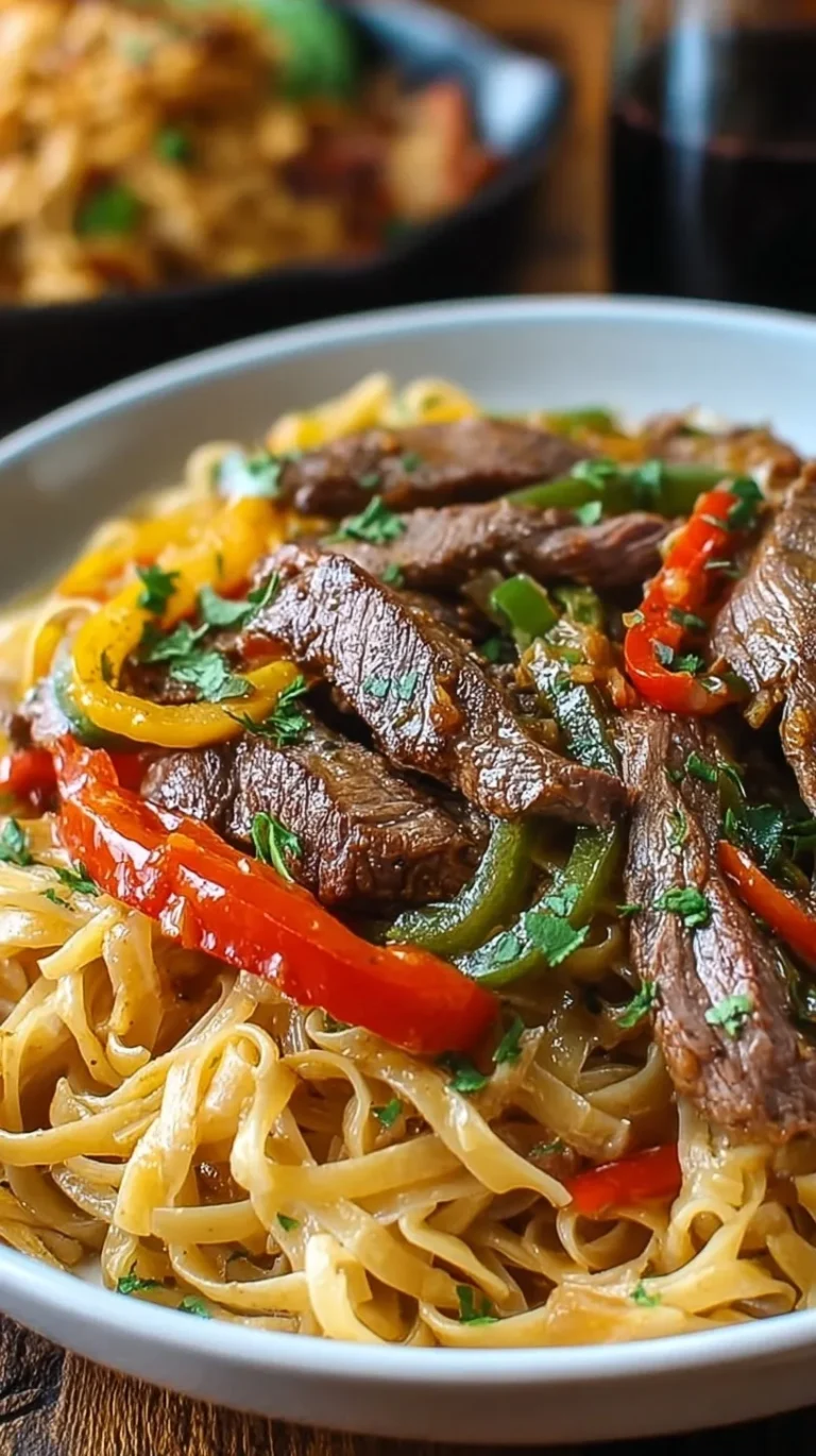 A skillet filled with Steak and Pepper Pasta, featuring charred bell peppers and sliced flank steak garnished with parsley.