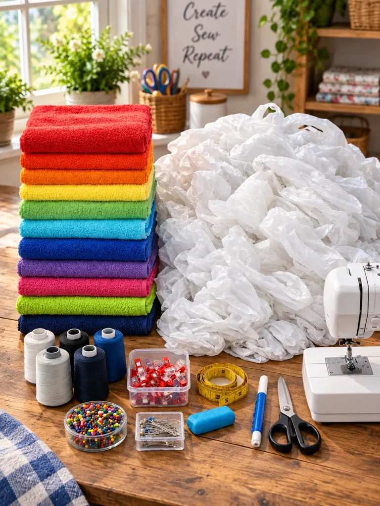 Bright beach towels and supplies for making DIY patio floor cushions