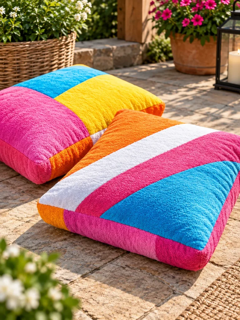 Bright beach towels and supplies for making DIY patio floor cushions