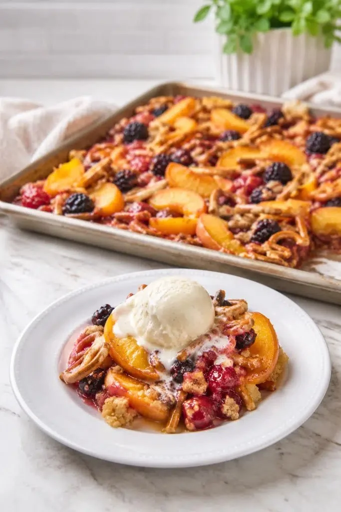 Delicious Peach Berry Pretzel dessert with fruity toppings and pretzel crust.