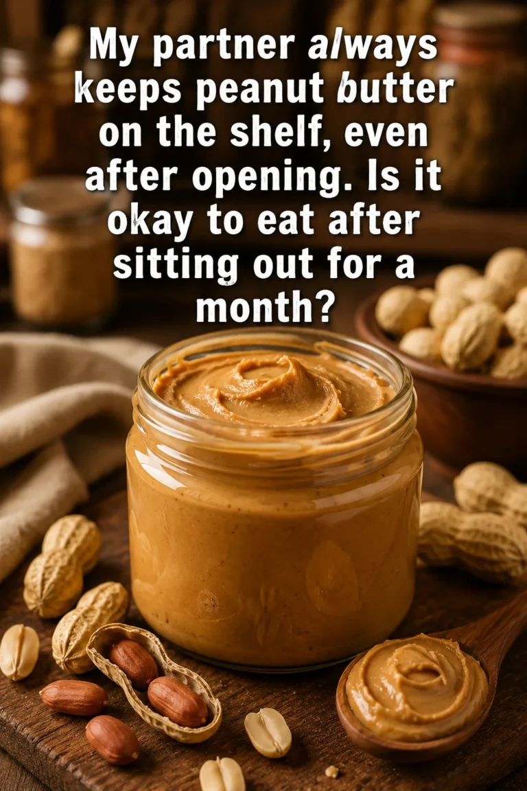 Jar of peanut butter stored in a pantry after opening