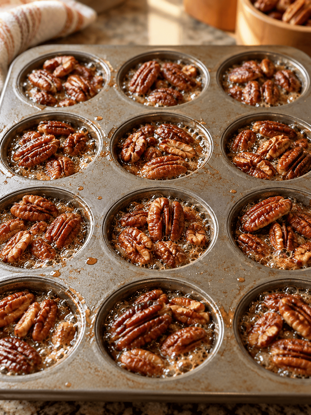Pecan bites bubbling in a mini muffin pan