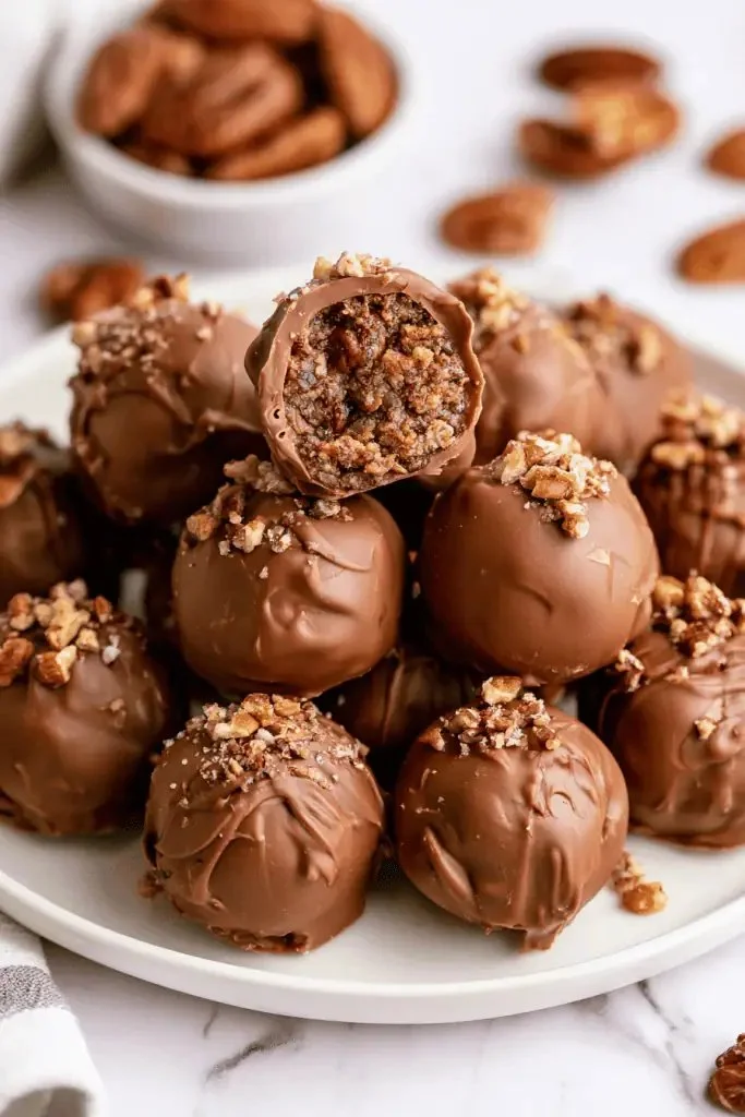 Pecan pie balls topped with pecans, embodying the flavors of classic pecan pie.