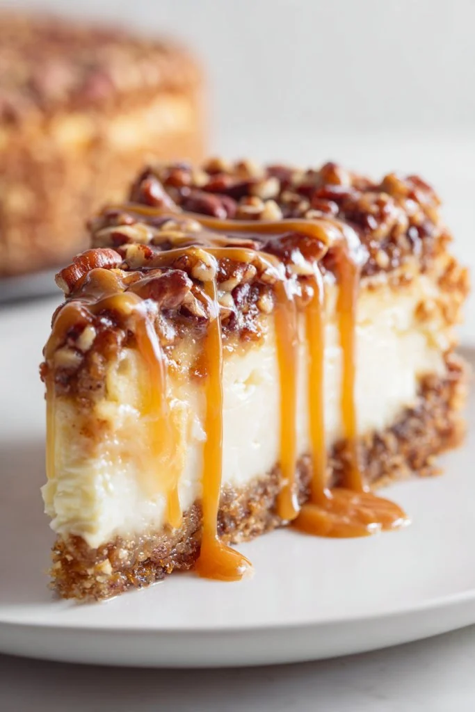 Delicious pecan pie cheesecake topped with caramel and pecans