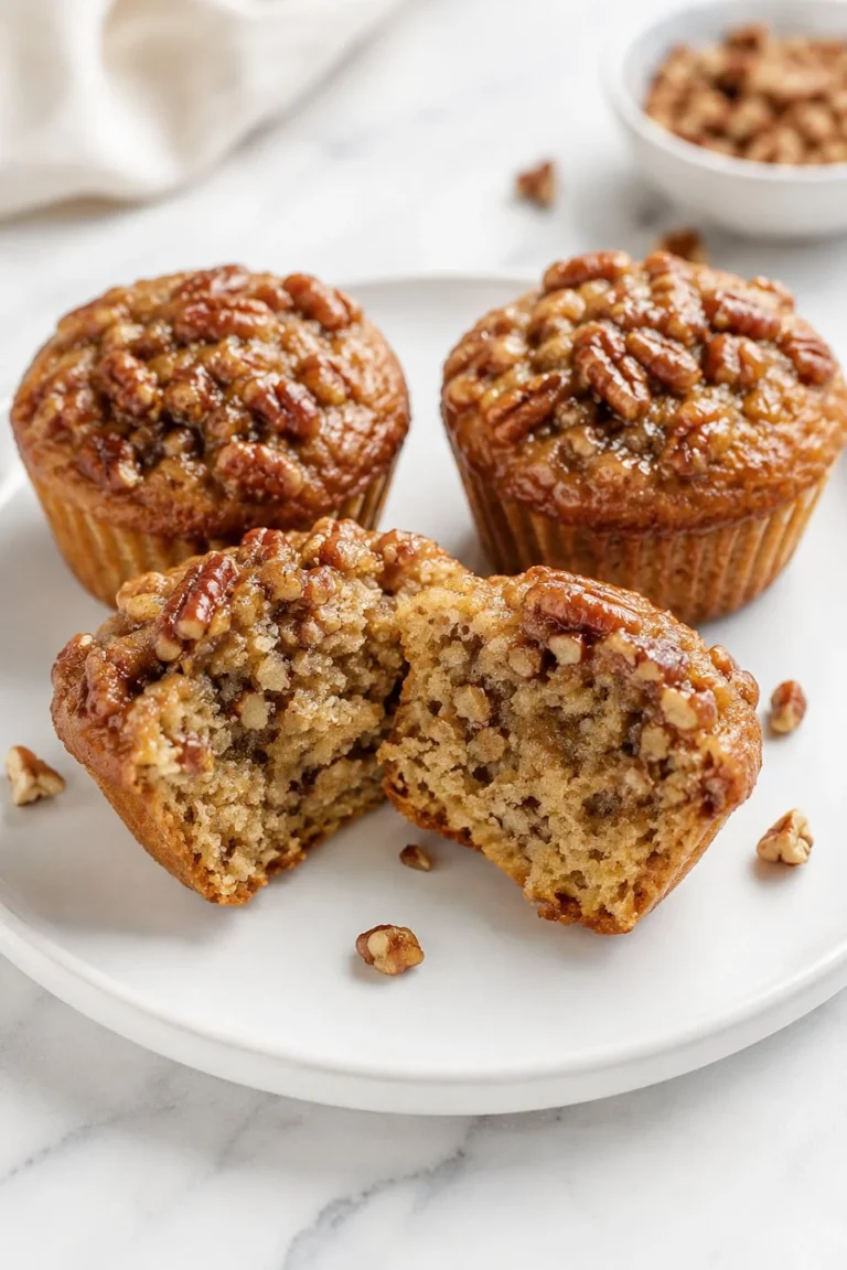 Delicious Pecan Pie Muffins garnished with pecans on a wooden table.