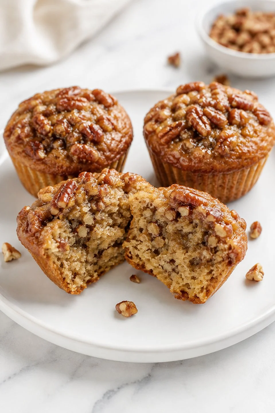 Delicious Pecan Pie Muffins garnished with pecans on a wooden table.