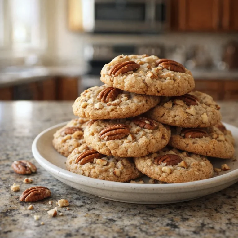 Homemade Pecan Sandies cookies on a rustic wooden table