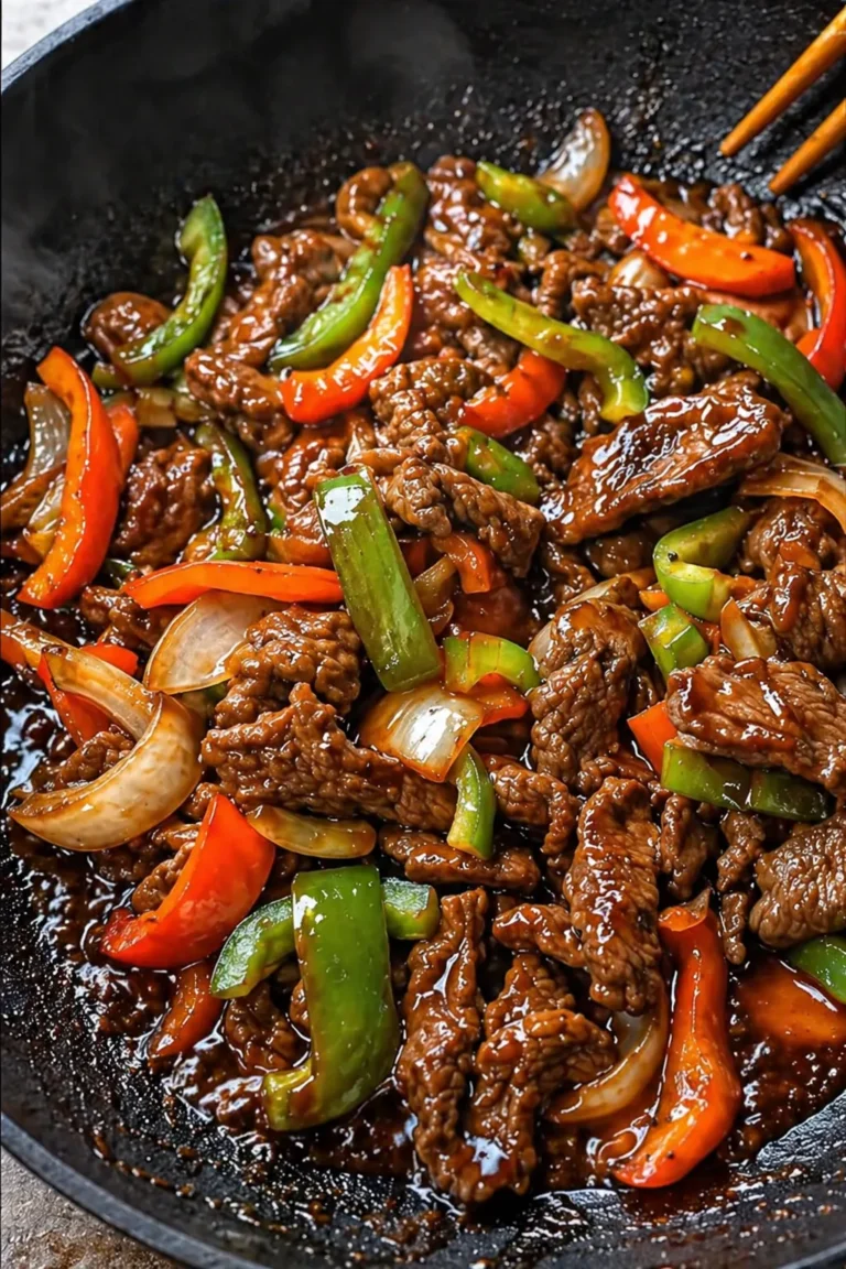 A vertical, cinematic close-up of a black wok filled with glistening pepper steak stir-fry. Slices of tender, dark-brown beef are tossed with vibrant red and green bell pepper strips and translucent onion wedges. The entire dish is coated in a thick, glossy mahogany sauce that catches the light. Wisps of steam rise from the pan, and a pair of wooden chopsticks is visible at the top edge.