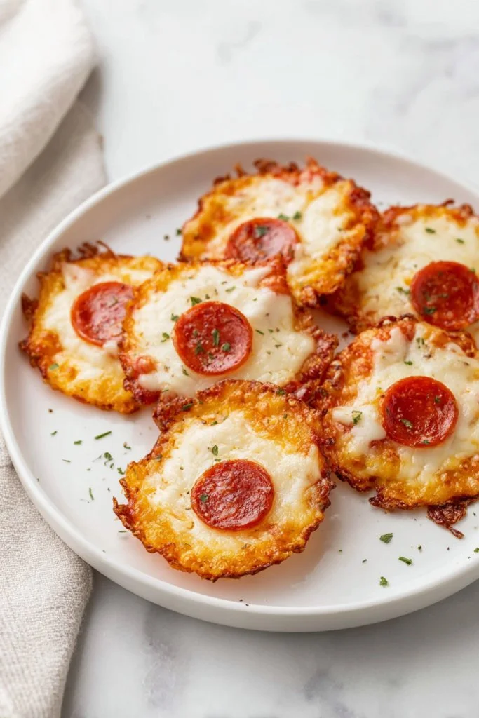 A bowl of crispy pepperoni cheese crisps on a wooden table.