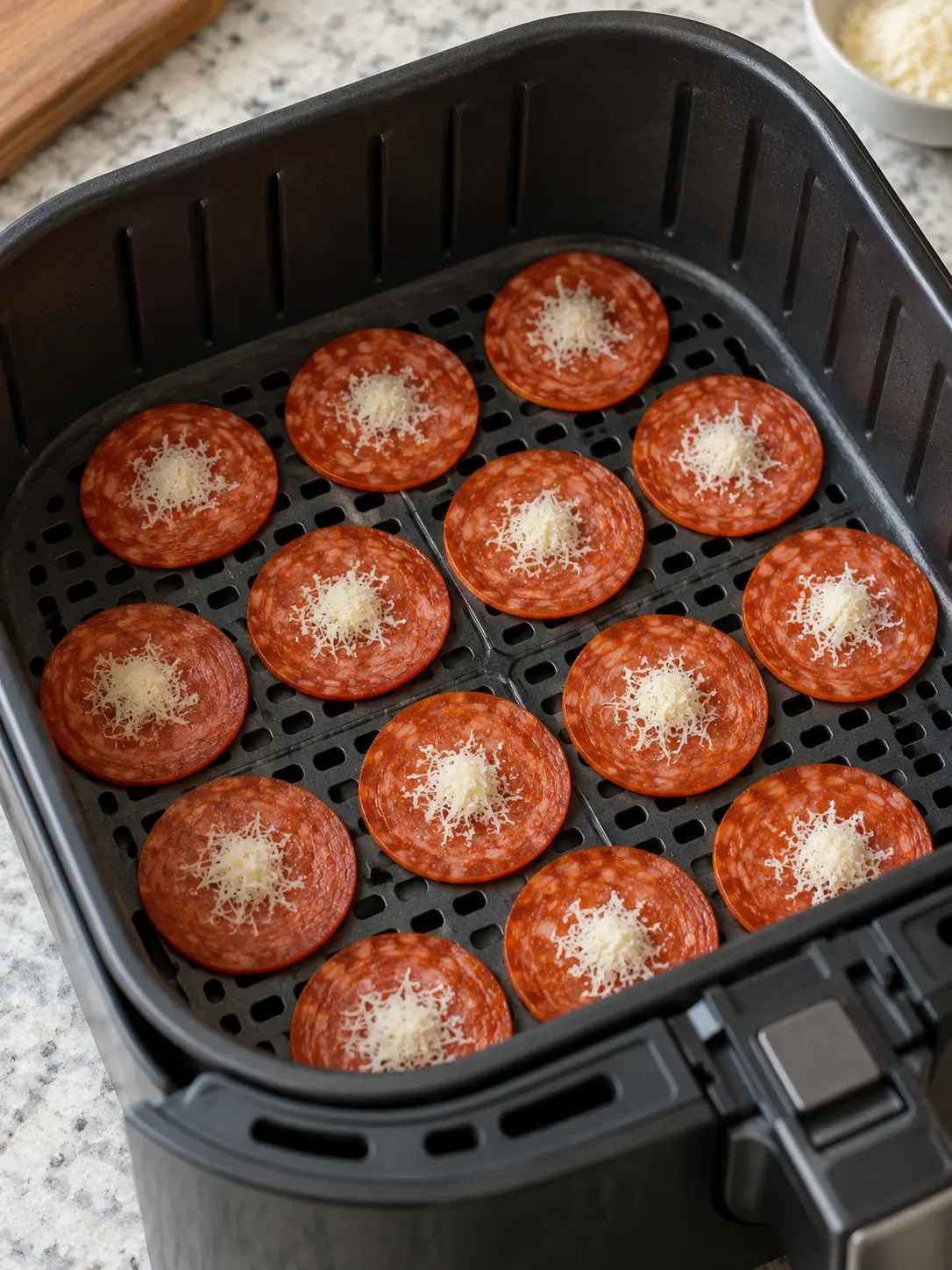 Pepperoni slices topped with a little Parmesan in a single layer in the air fryer basket