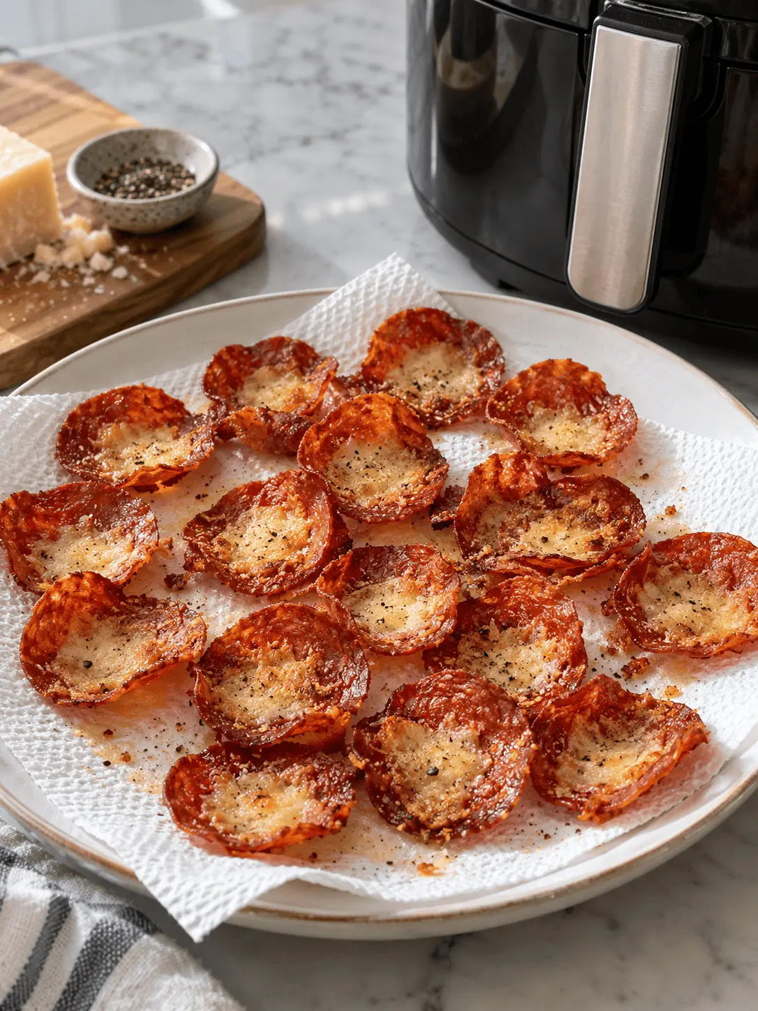 Cooked pepperoni Parmesan chips cooling on a paper towel-lined plate