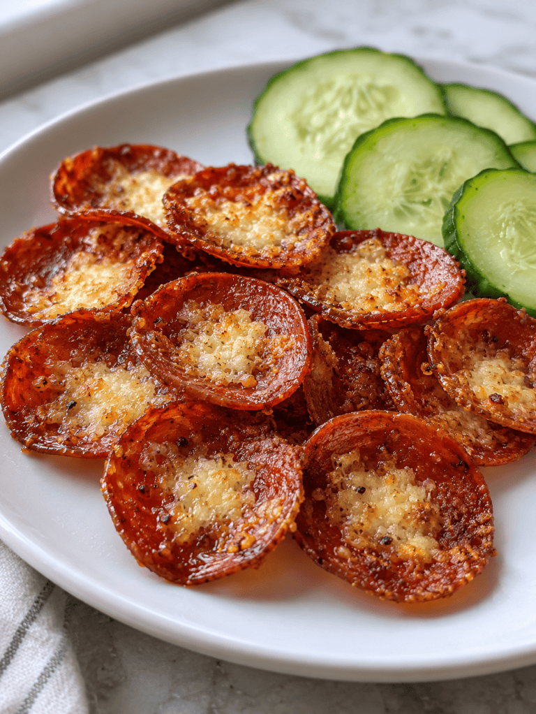 Crispy air fryer pepperoni chips with golden Parmesan centers on a plate