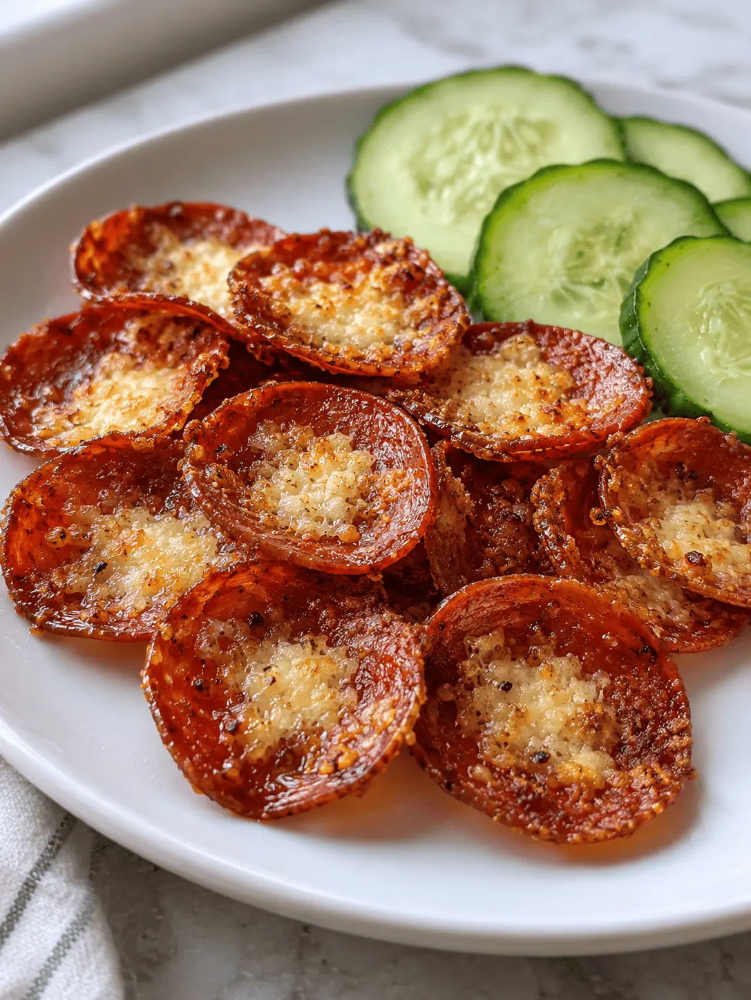 Crispy air fryer pepperoni Parmesan chips on a plate with cucumber slices