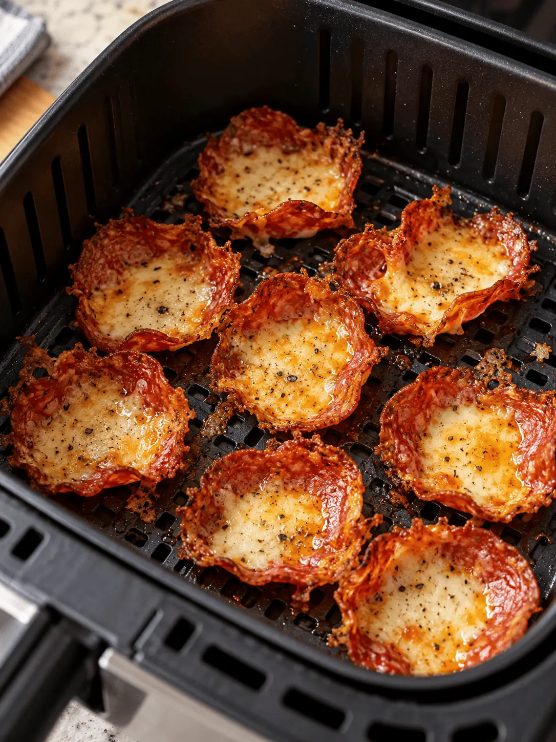 Golden pepperoni Parmesan chips in the air fryer basket after cooking