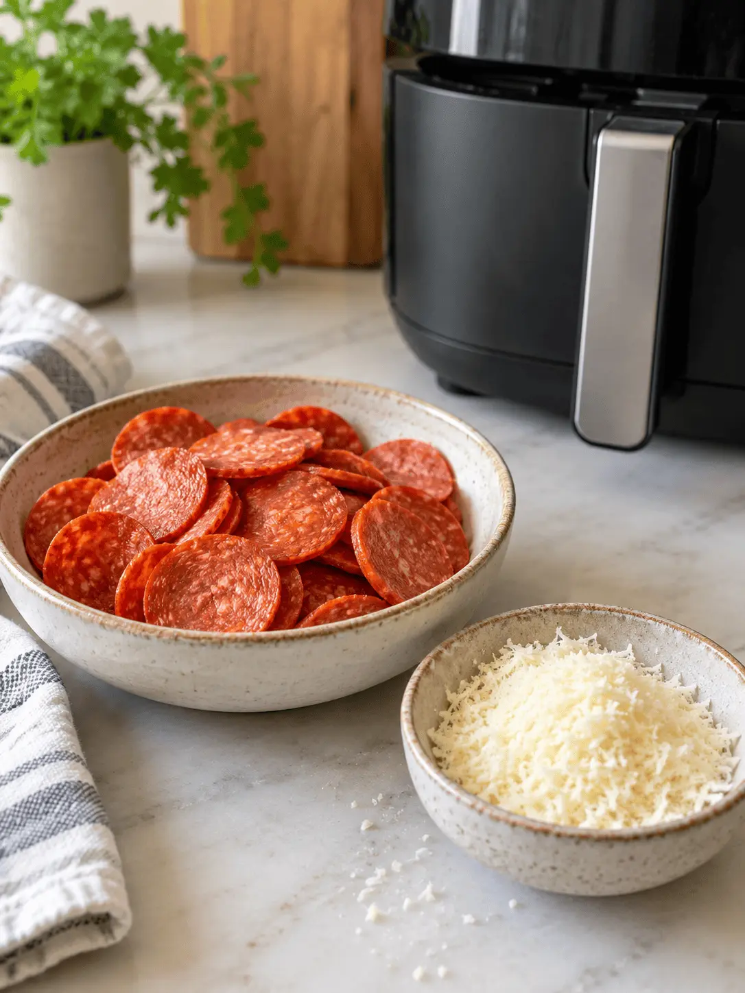 Sliced pepperoni and finely grated Parmesan beside an air fryer