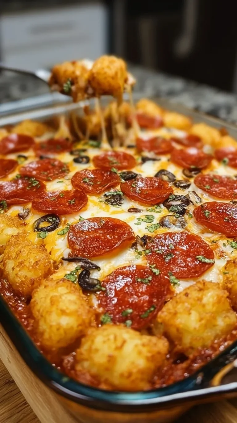 A cheesy Pepperoni Tater Tot Pizza Casserole with melted mozzarella and crispy pepperoni slices in a baking dish.